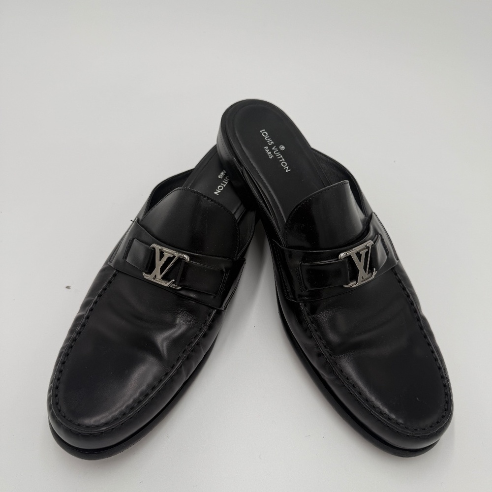 Louis Vuitton Black Leather Slip-On Loafers with LV Hardware